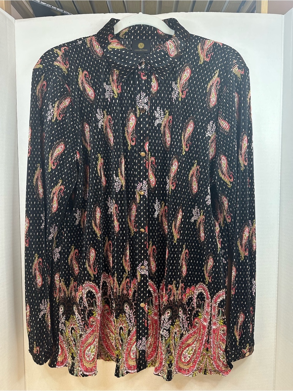 Black Paisley Button-Up Blouse with Pink & Green Accents